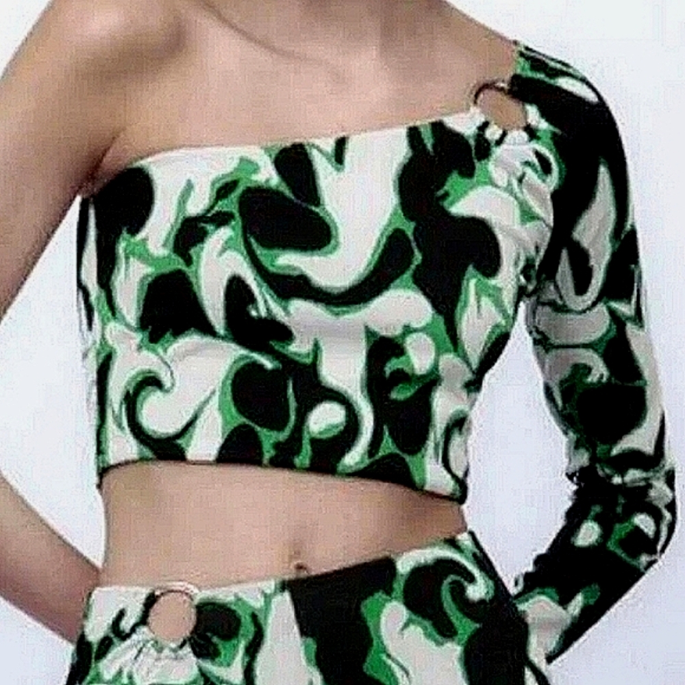 NWT Zara Floral Jacquard One Shoulder Cropped Top Silver Ring Accent Mod MD